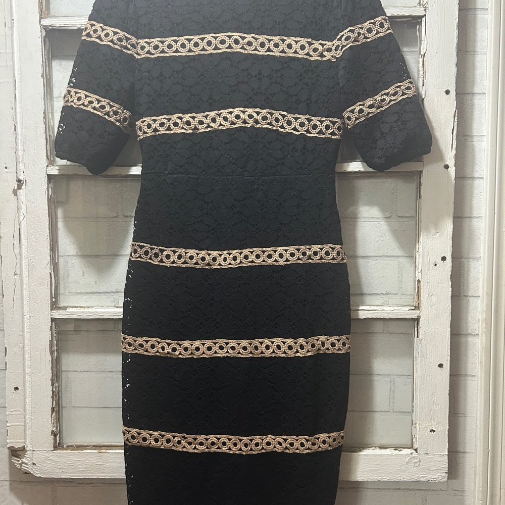mimi + daphne Black Floral Lace Sheath Dress with Gold Guipure Trim XS